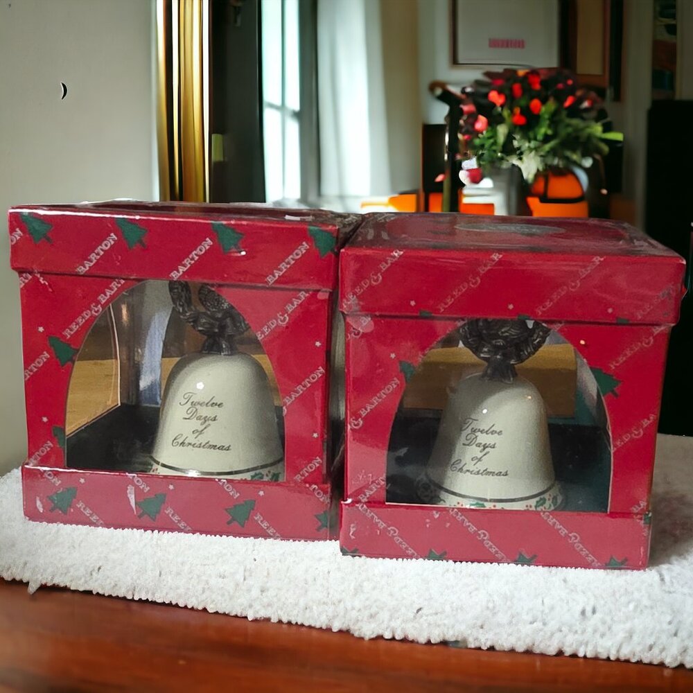 NIB Vintage 90s REED & BARTON Ceramic Bells 12 Days of Christmas 2 Bells